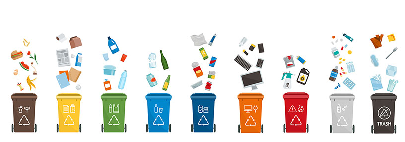 Waste collection, segregation and recycling infographic: garbage separated into different types and collected into  waste containers, each bin holds a different material