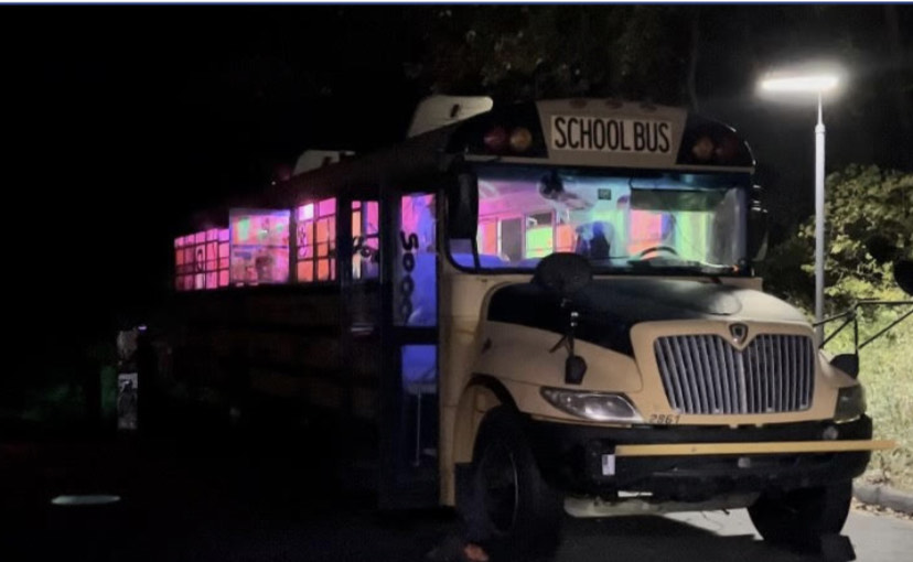After being chased by a chainsaw, visitors leave the walk through a ‘Purge’ themed school bus filled with masked actors.