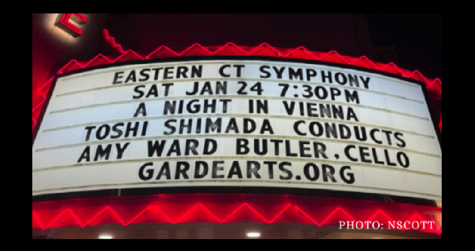 Marquee outside the Garde Arts Center featuring ‘A Night in Vienna’