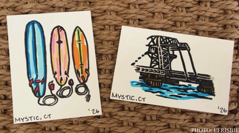 Original prints of surfboards and the well-known Mystic Drawbridge